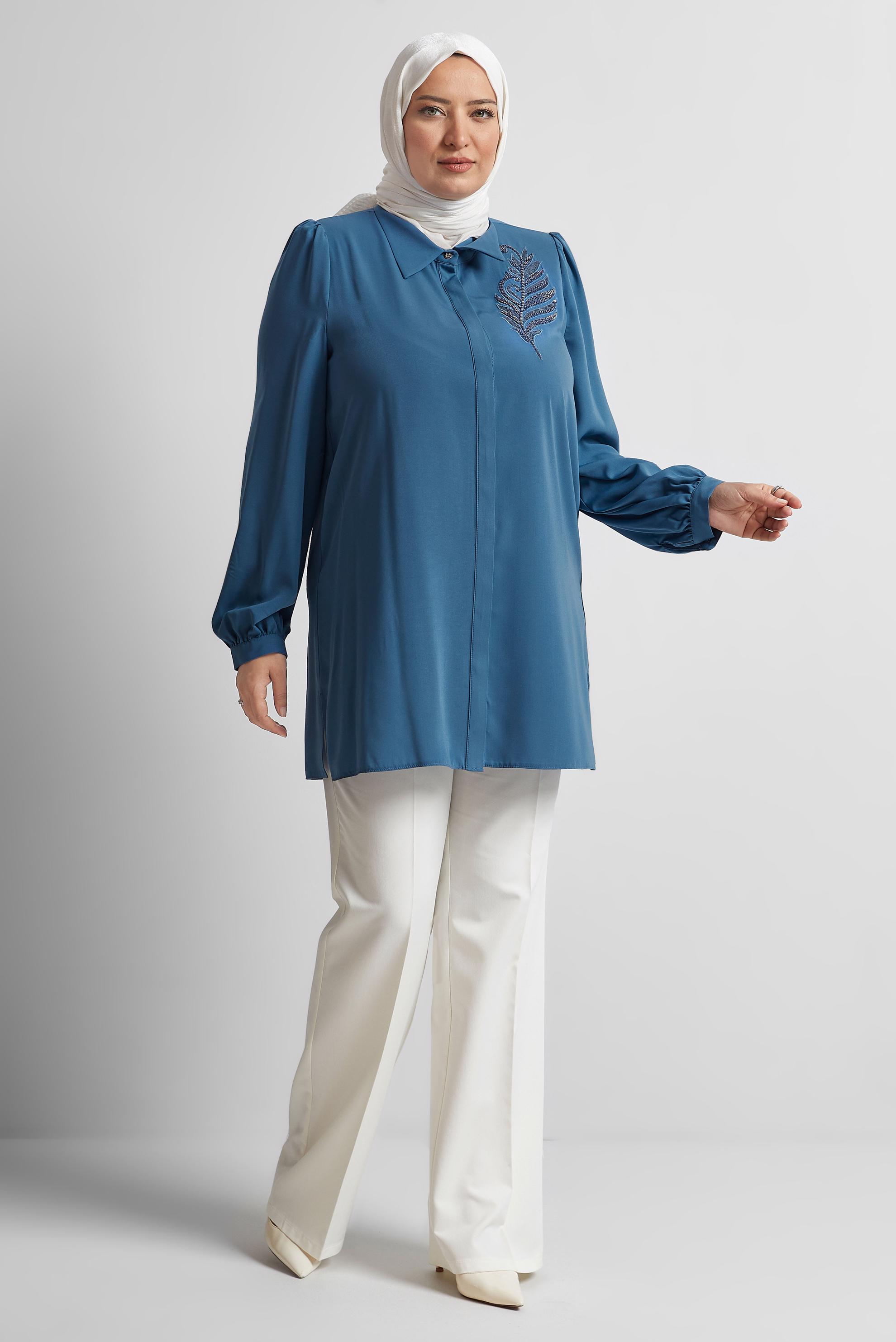 Tesettür giyim MAVİ BONCUK İŞLEMELİ BÜYÜK BEDEN TUNİK 20714