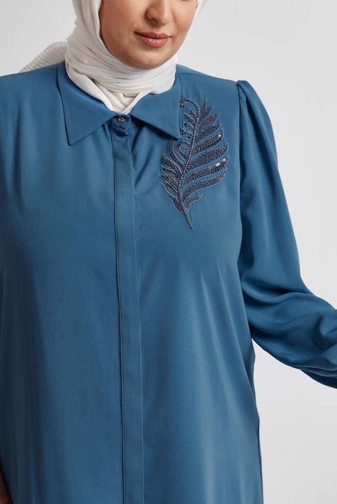 Vêtements hijab BLEU TUNIQUE BRODÉE DE PERLES 20714 - ALVİNA