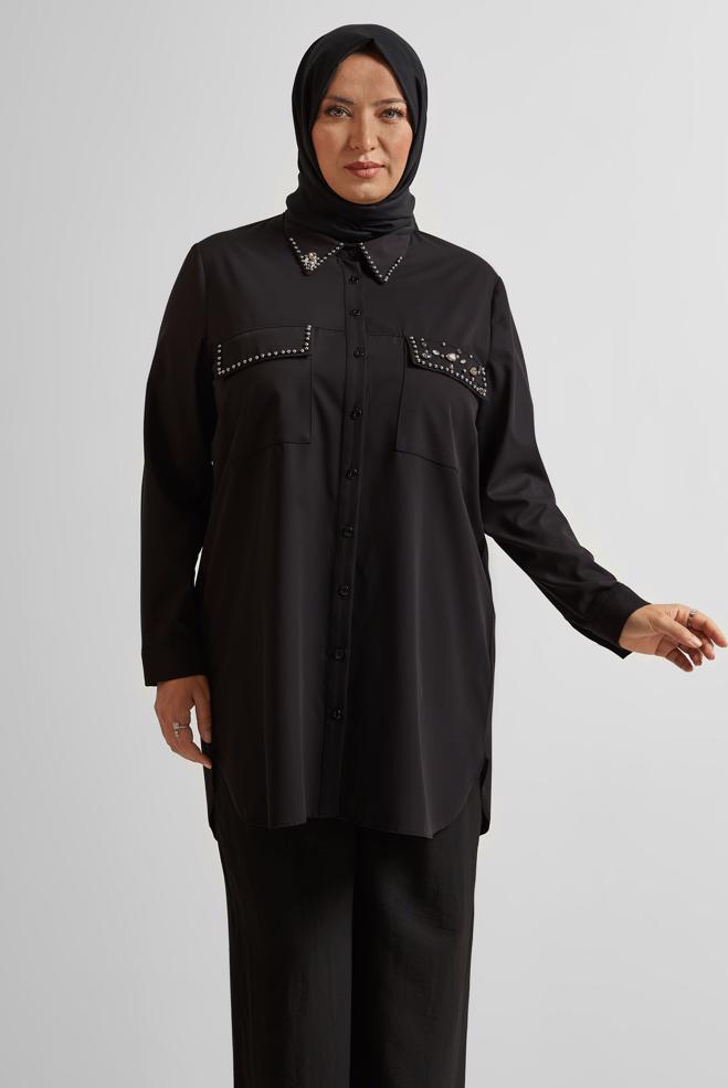 Vêtements hijab NOIR TUNIQUE BRODÉE DE PIERRES PRÉCIEUSES 20736 - ALVİNA
