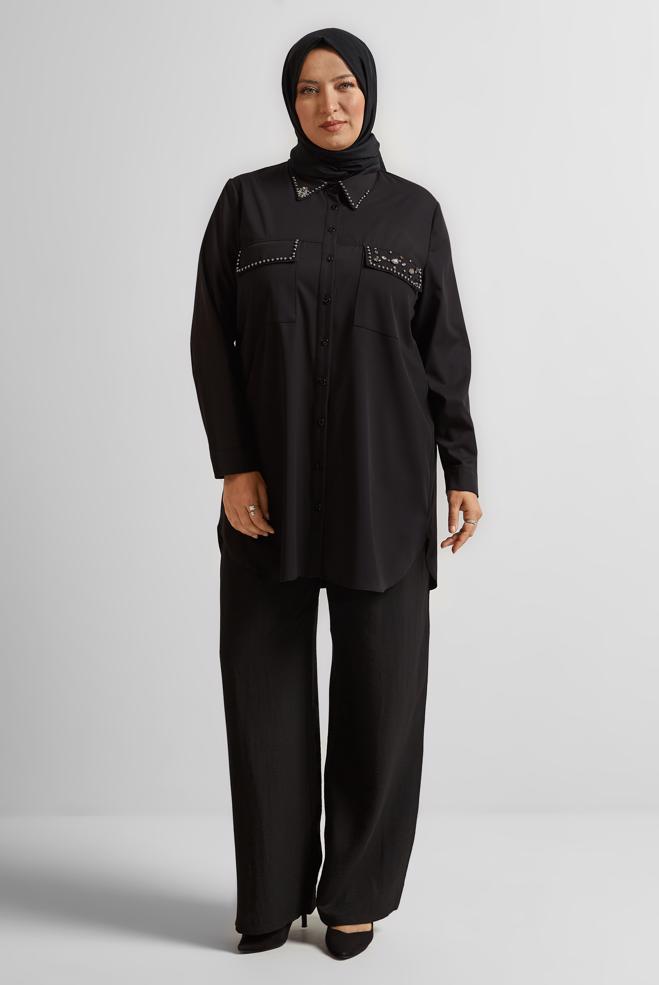 Vêtements hijab NOIR TUNIQUE BRODÉE DE PIERRES PRÉCIEUSES 20736 - ALVİNA