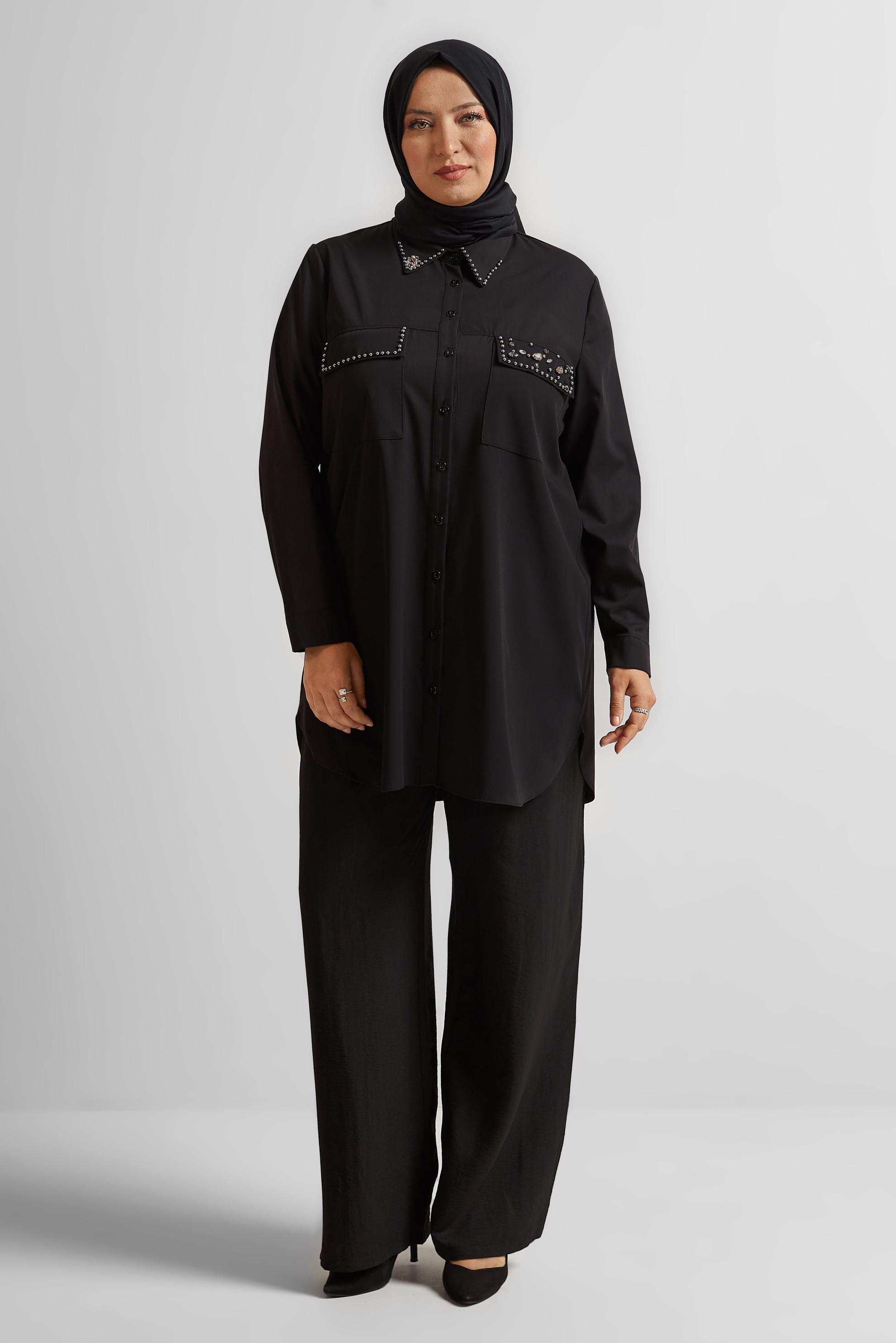 Tesettür giyim SİYAH TAŞ BASKILI BÜYÜK BEDEN TUNİK 20736