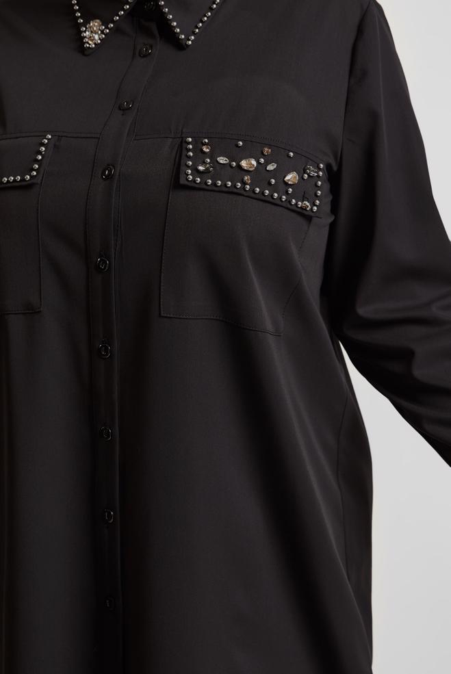 Vêtements hijab NOIR TUNIQUE BRODÉE DE PIERRES PRÉCIEUSES 20736 - ALVİNA