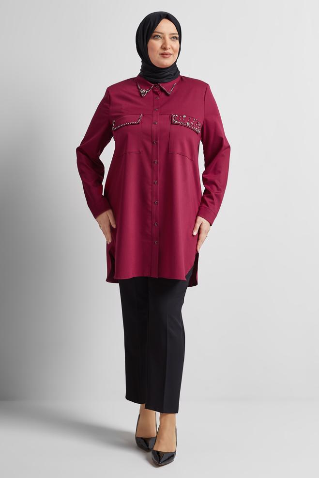Vêtements hijab ROUGE BORDEAUX TUNIQUE BRODÉE DE PIERRES PRÉCIEUSES 20736 - ALVİNA
