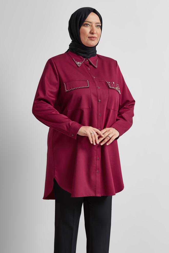 Vêtements hijab ROUGE BORDEAUX TUNIQUE BRODÉE DE PIERRES PRÉCIEUSES 20736 - ALVİNA
