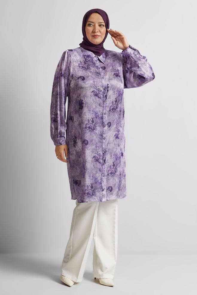 Vêtements hijab POURPRE TUNIQUE EN SATIN À MOTIFS 20738 - ALVİNA