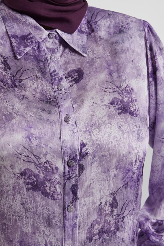 Vêtements hijab POURPRE TUNIQUE EN SATIN À MOTIFS 20738 - ALVİNA