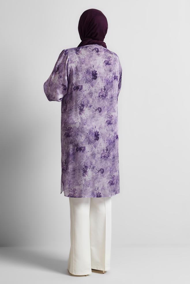 Vêtements hijab POURPRE TUNIQUE EN SATIN À MOTIFS 20738 - ALVİNA