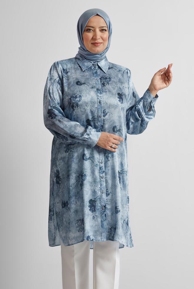 Vêtements hijab BLEU MARINE TUNIQUE EN SATIN À MOTIFS 20738 - ALVİNA
