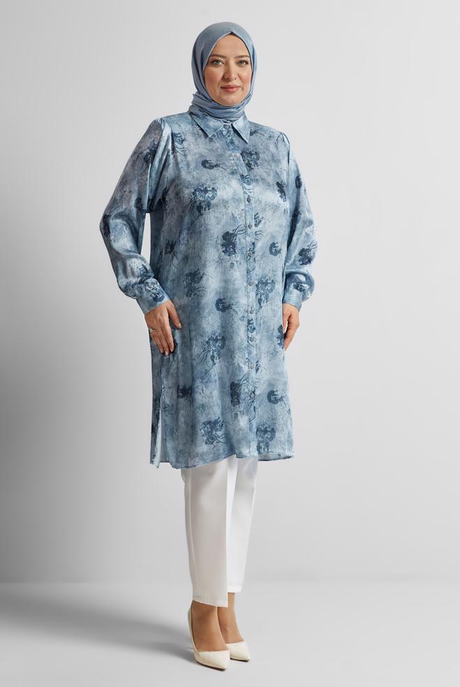 Vêtements hijab BLEU MARINE TUNIQUE EN SATIN À MOTIFS 20738 - ALVİNA