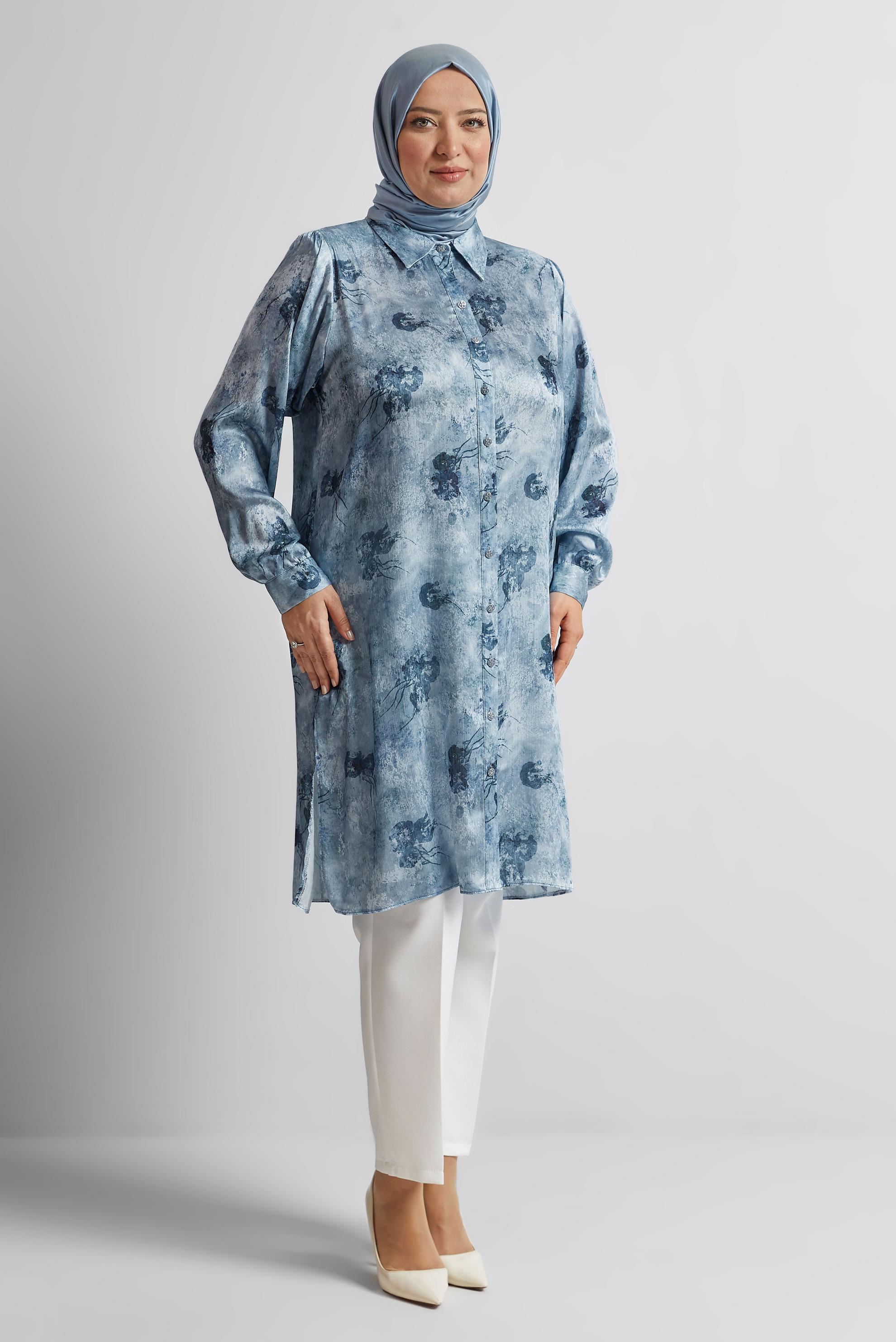 Tesettür giyim LACİVERT BÜYÜK BEDEN SATEN TUNİK 20738