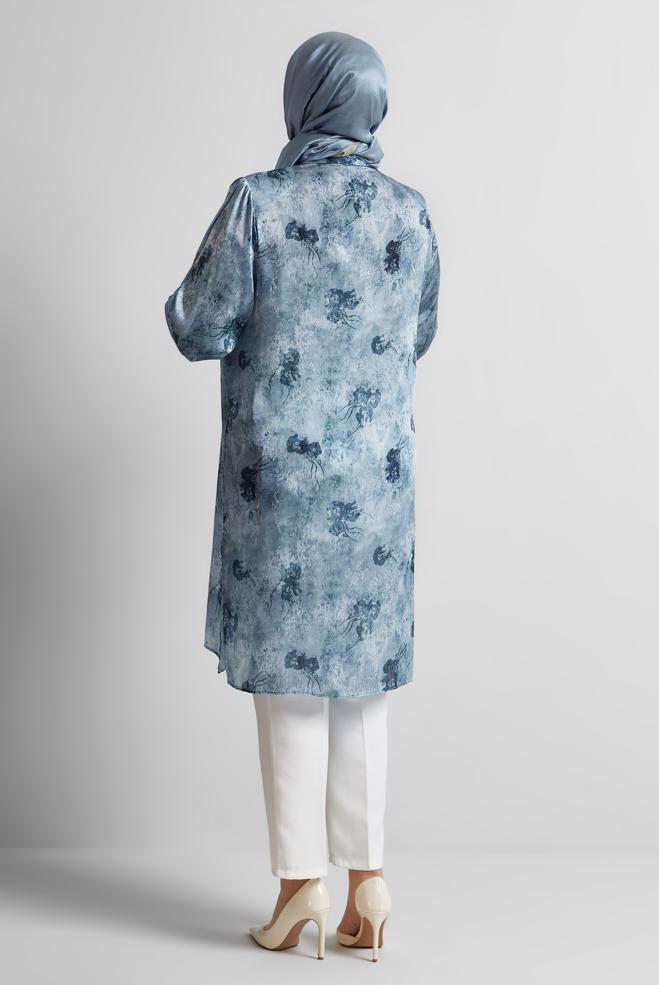 Vêtements hijab BLEU MARINE TUNIQUE EN SATIN À MOTIFS 20738 - ALVİNA