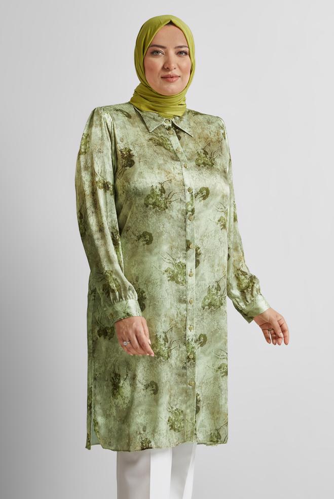 Vêtements hijab VERT TUNIQUE EN SATIN À MOTIFS 20738 - ALVİNA