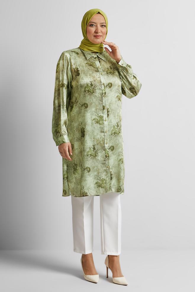 Vêtements hijab VERT TUNIQUE EN SATIN À MOTIFS 20738 - ALVİNA