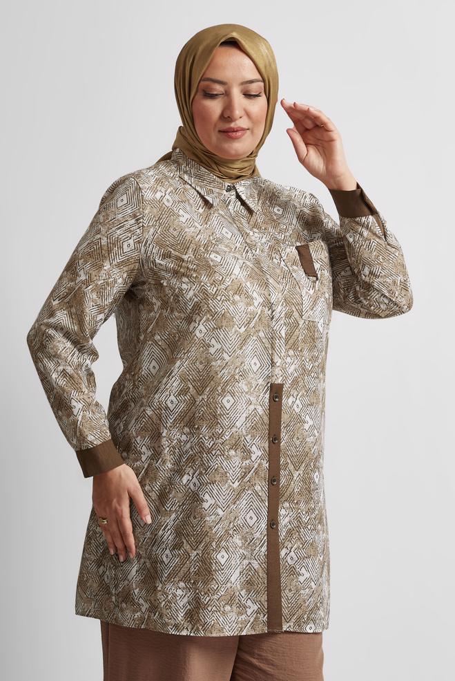 Vêtements hijab BRUN TUNIQUE À MOTIFS 20739 - ALVİNA