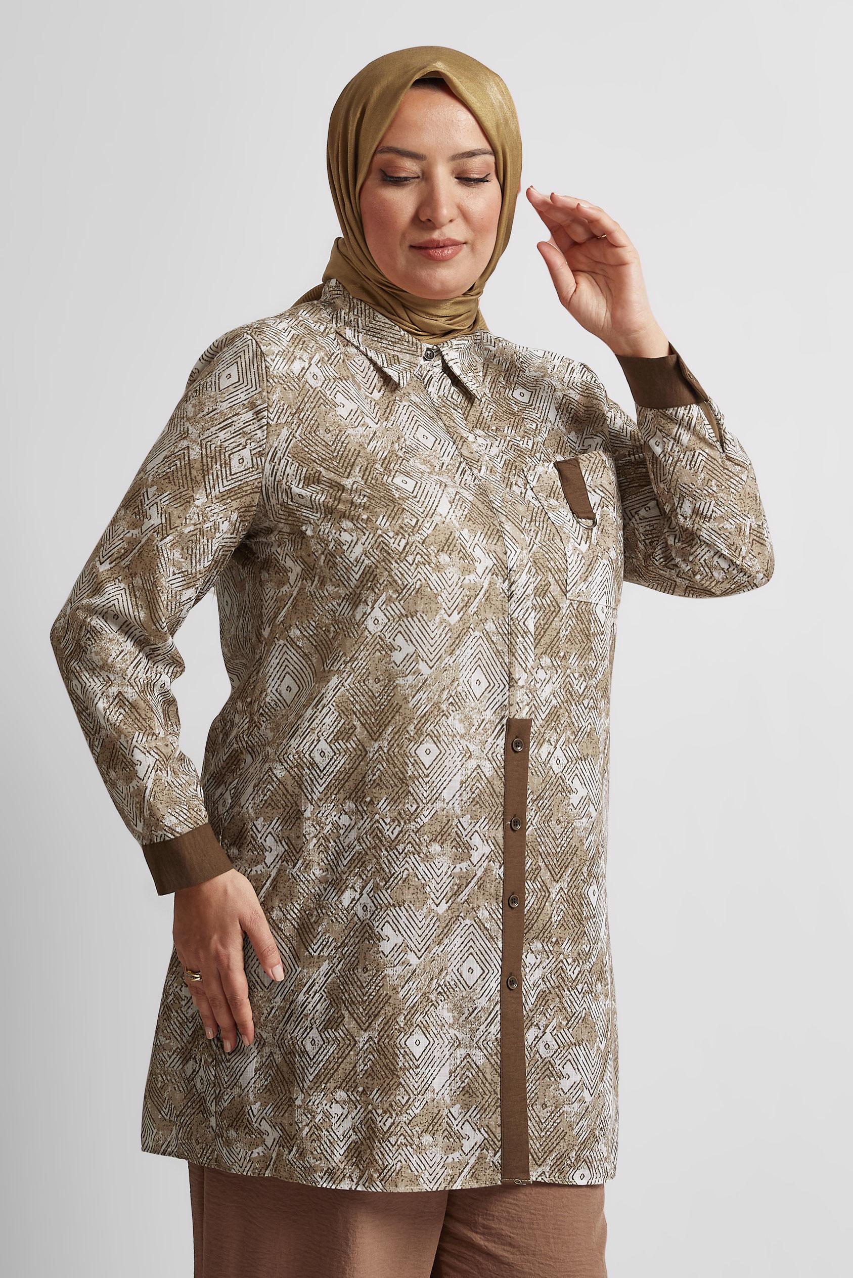 Tesettür giyim KAHVE DESENLİ BÜYÜK BEDEN TUNİK 20739