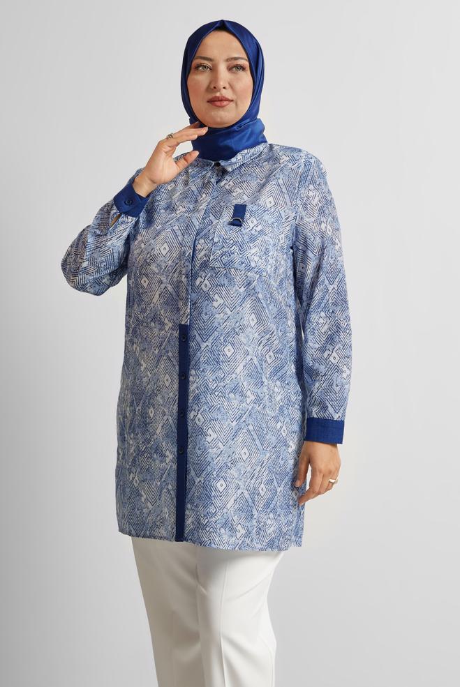 Vêtements hijab BLEU MARINE TUNIQUE À MOTIFS 20739 - ALVİNA