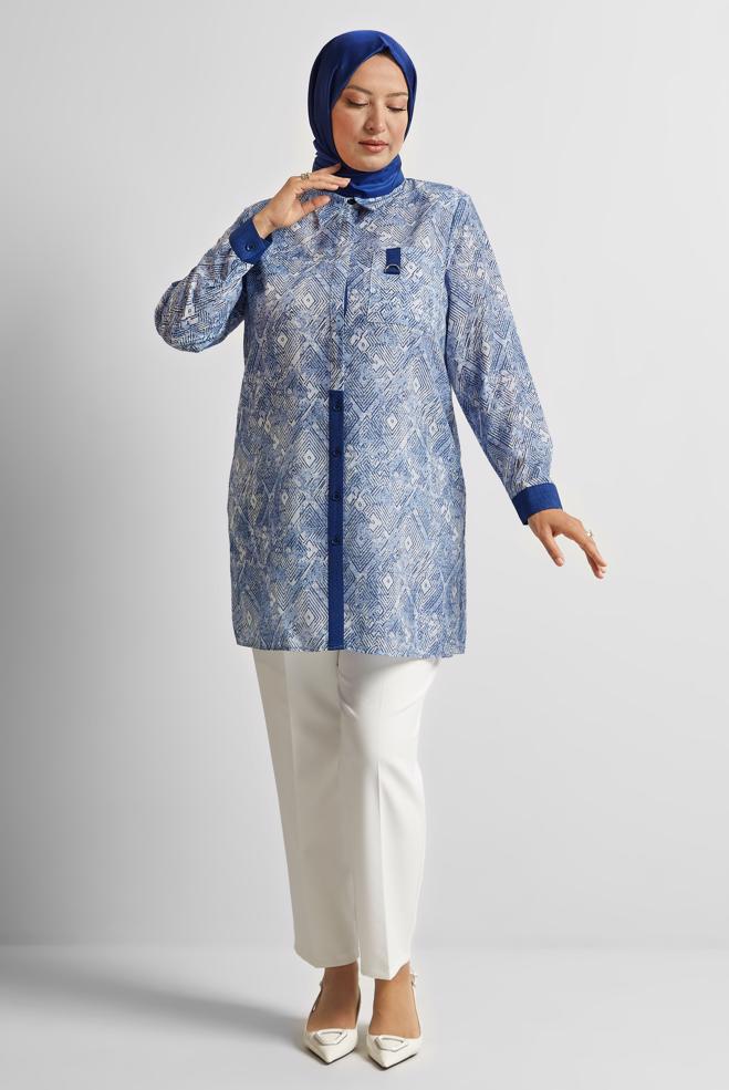 Vêtements hijab BLEU MARINE TUNIQUE À MOTIFS 20739 - ALVİNA