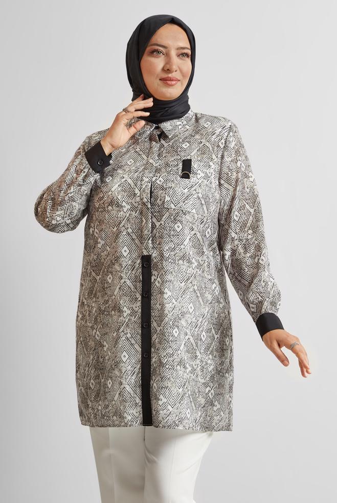 Vêtements hijab NOIR TUNIQUE À MOTIFS 20739 - ALVİNA