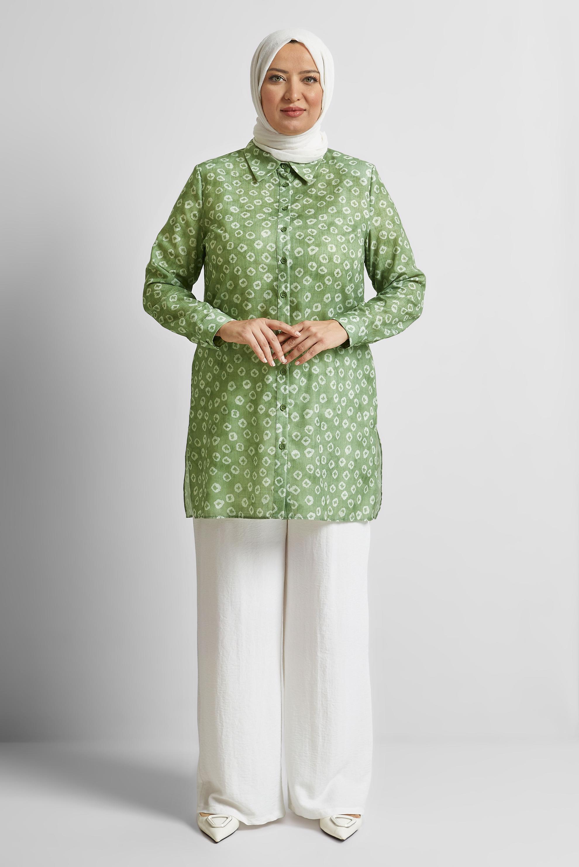 Tesettür giyim YEŞİL DESENLİ BÜYÜK BEDEN TUNİK 20740
