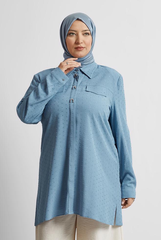 Vêtements hijab BLEU TUNIQUE À COL CHEMISE 20742 - ALVİNA