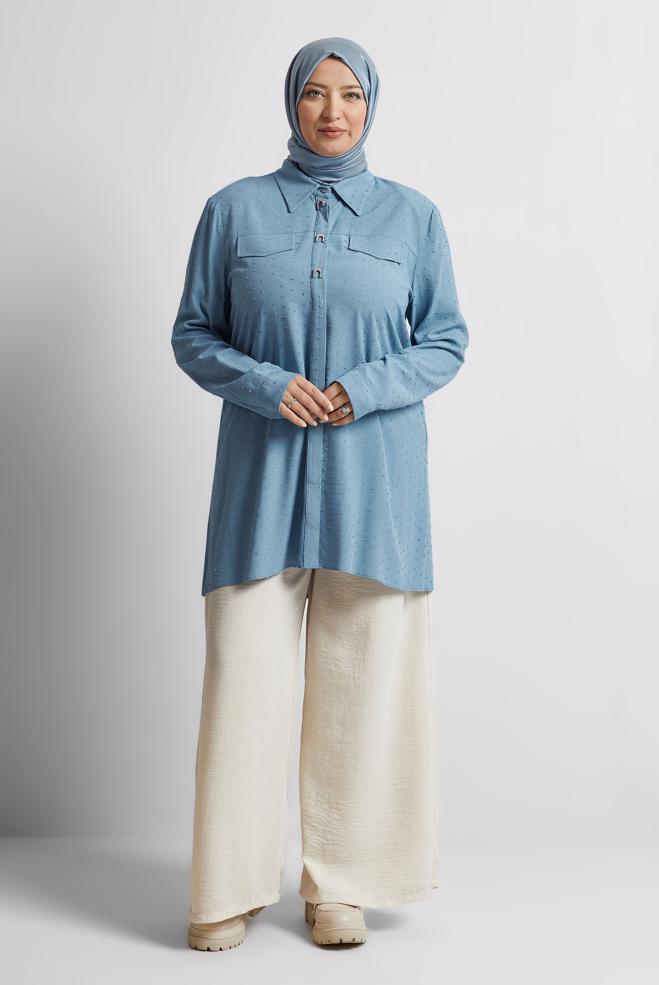 Vêtements hijab BLEU TUNIQUE À COL CHEMISE 20742 - ALVİNA