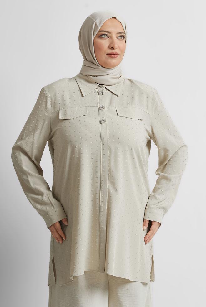 Vêtements hijab BEIGE TUNIQUE À COL CHEMISE 20742 - ALVİNA