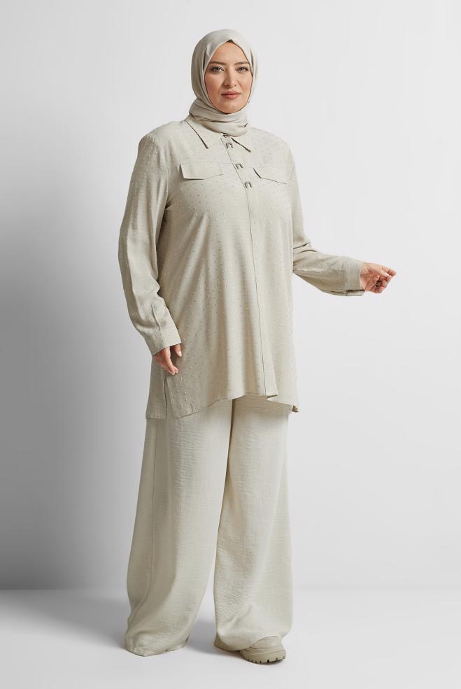 Vêtements hijab BEIGE TUNIQUE À COL CHEMISE 20742 - ALVİNA