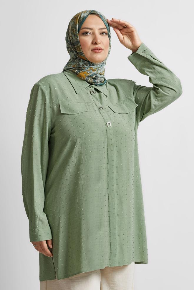 Vêtements hijab VERT TUNIQUE À COL CHEMISE 20742 - ALVİNA