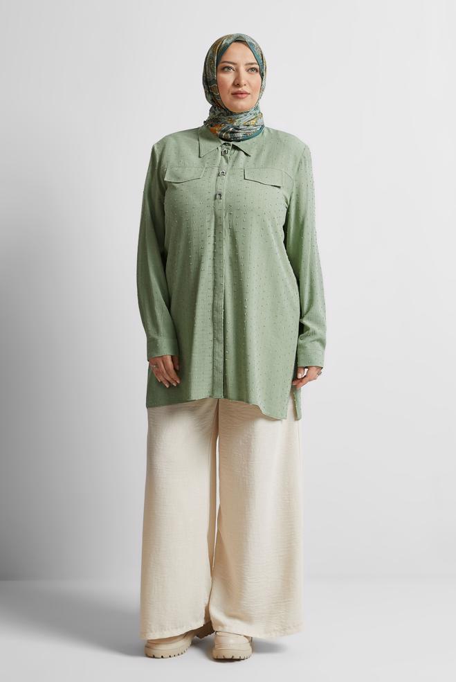 Vêtements hijab VERT TUNIQUE À COL CHEMISE 20742 - ALVİNA