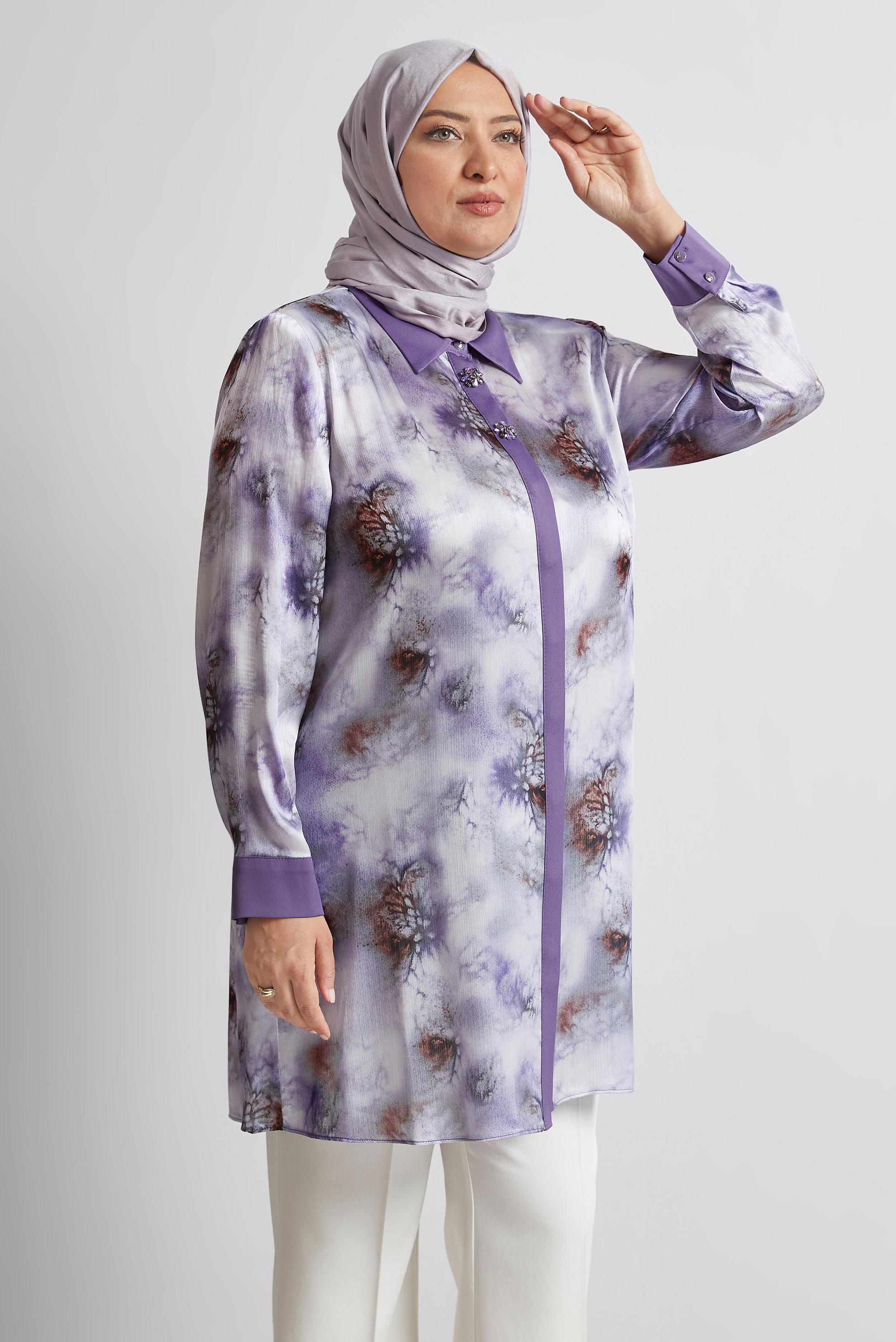 Vêtements hijab POURPRE TUNIQUE EN SATIN À MOTIFS 20743