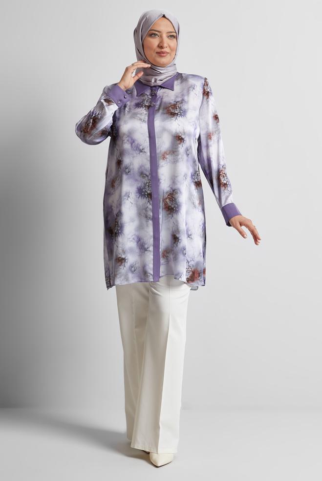 Vêtements hijab POURPRE TUNIQUE EN SATIN À MOTIFS 20743 - ALVİNA