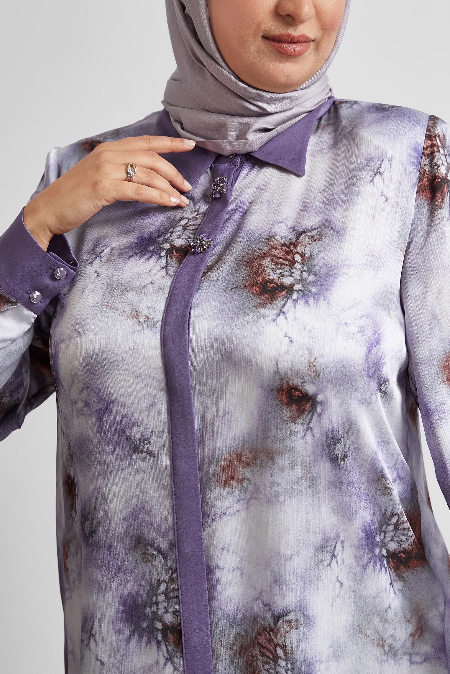 Vêtements hijab POURPRE TUNIQUE EN SATIN À MOTIFS 20743