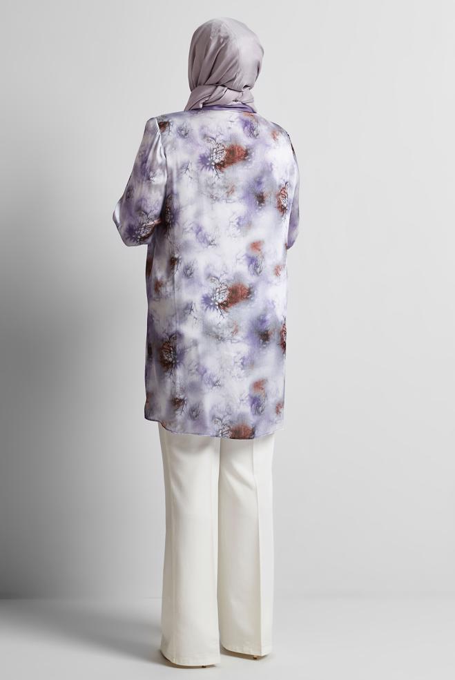 Vêtements hijab POURPRE TUNIQUE EN SATIN À MOTIFS 20743 - ALVİNA