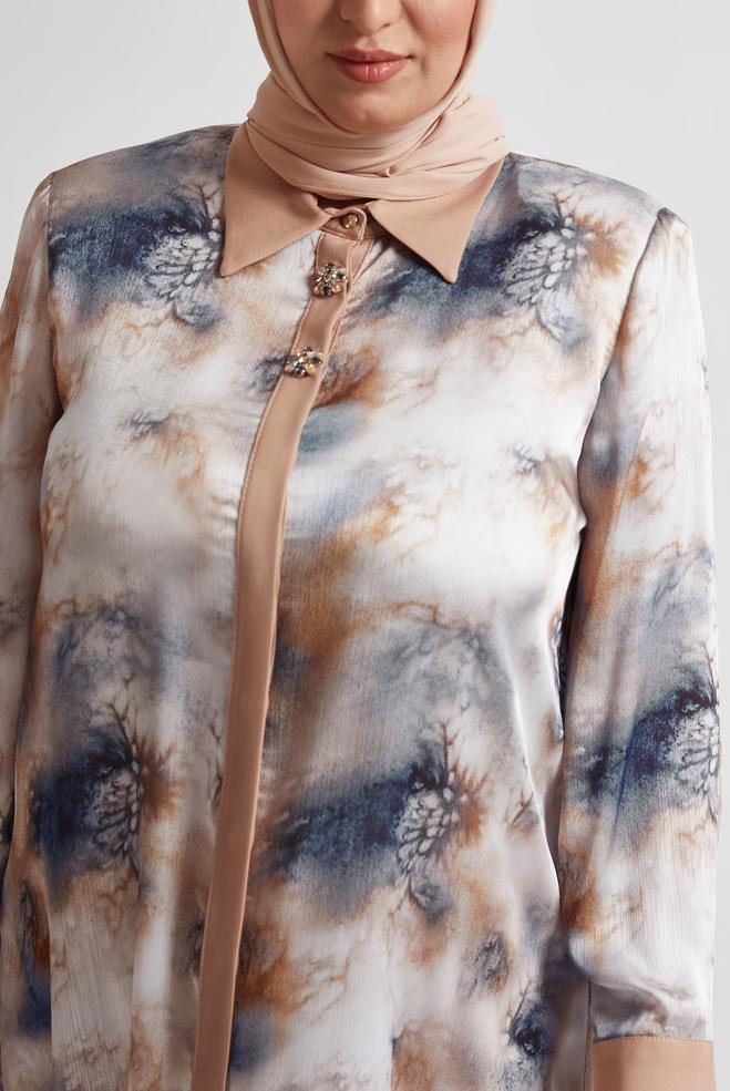 Vêtements hijab BRUN TUNIQUE EN SATIN À MOTIFS 20743 - ALVİNA