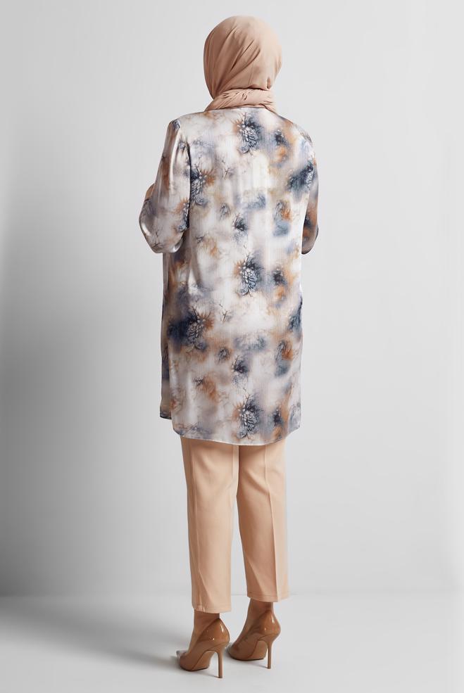 Vêtements hijab BRUN TUNIQUE EN SATIN À MOTIFS 20743 - ALVİNA