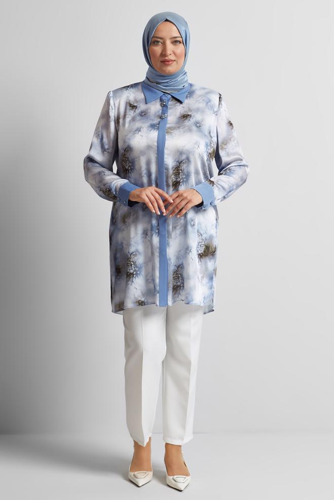 Vêtements hijab BLEU MARINE TUNIQUE EN SATIN À MOTIFS 20743 - ALVİNA