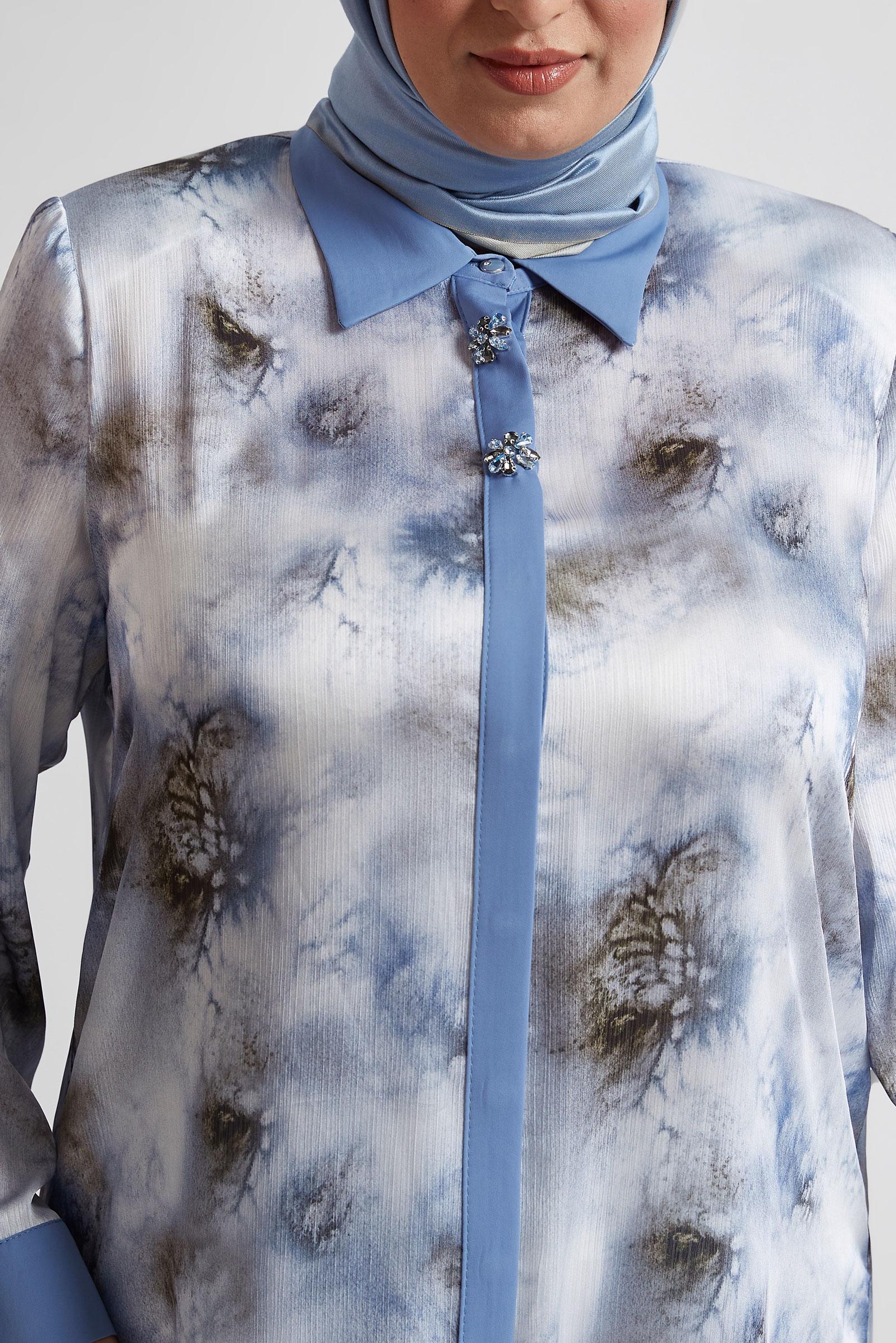 Vêtements hijab BLEU MARINE TUNIQUE EN SATIN À MOTIFS 20743