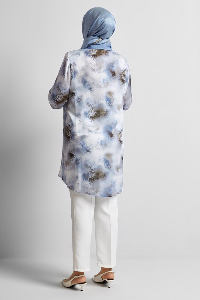 Vêtements hijab BLEU MARINE TUNIQUE EN SATIN À MOTIFS 20743 - ALVİNA