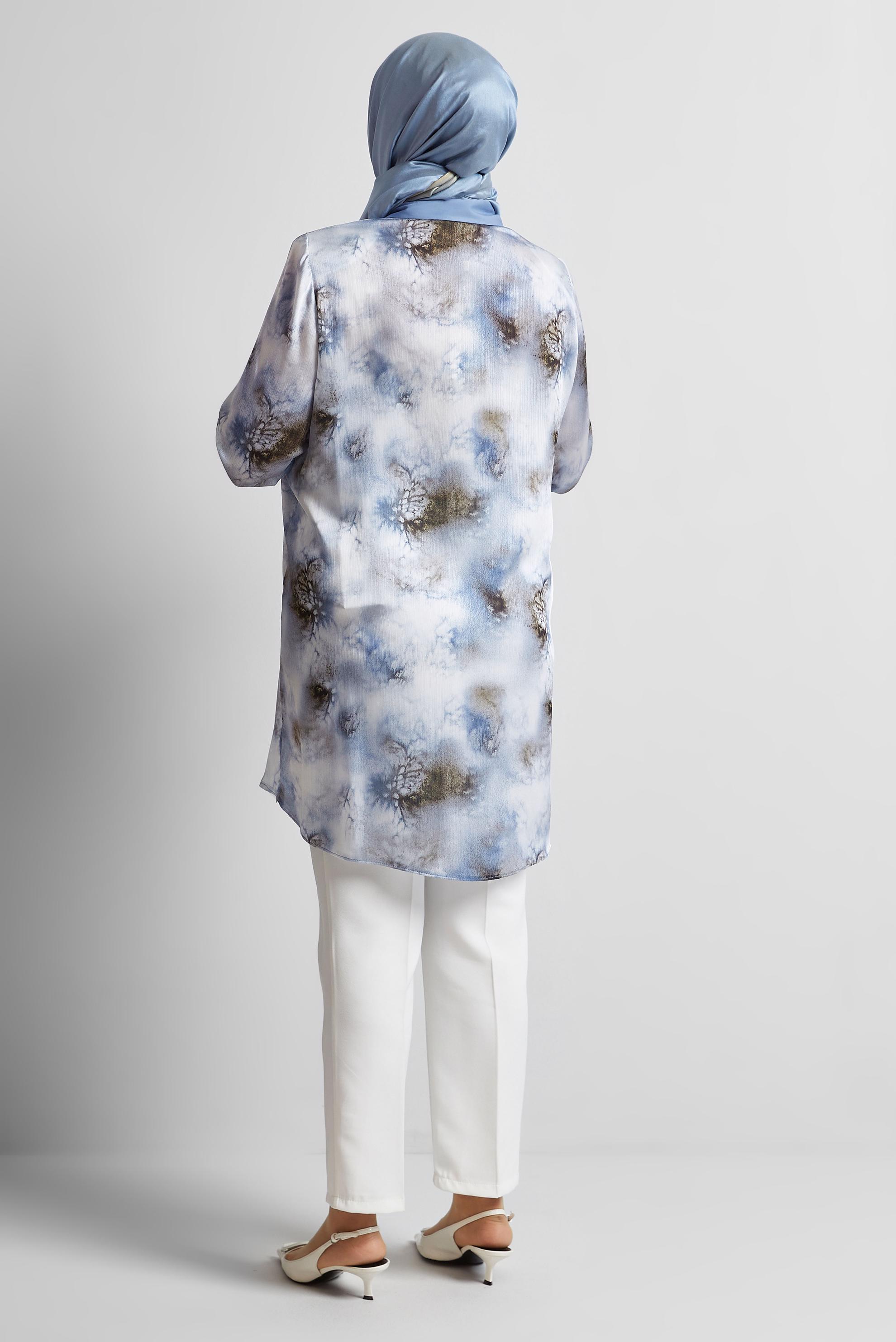 Vêtements hijab BLEU MARINE TUNIQUE EN SATIN À MOTIFS 20743