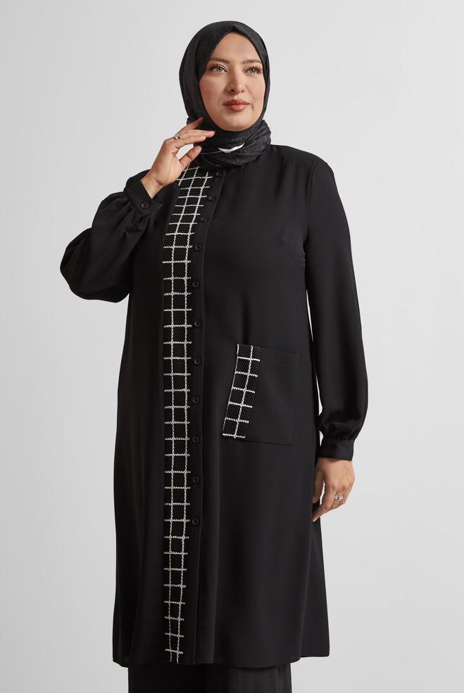 Vêtements hijab NOIR TUNIQUE À CARREAUX 20744 - ALVİNA