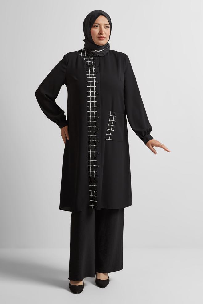 Vêtements hijab NOIR TUNIQUE À CARREAUX 20744 - ALVİNA