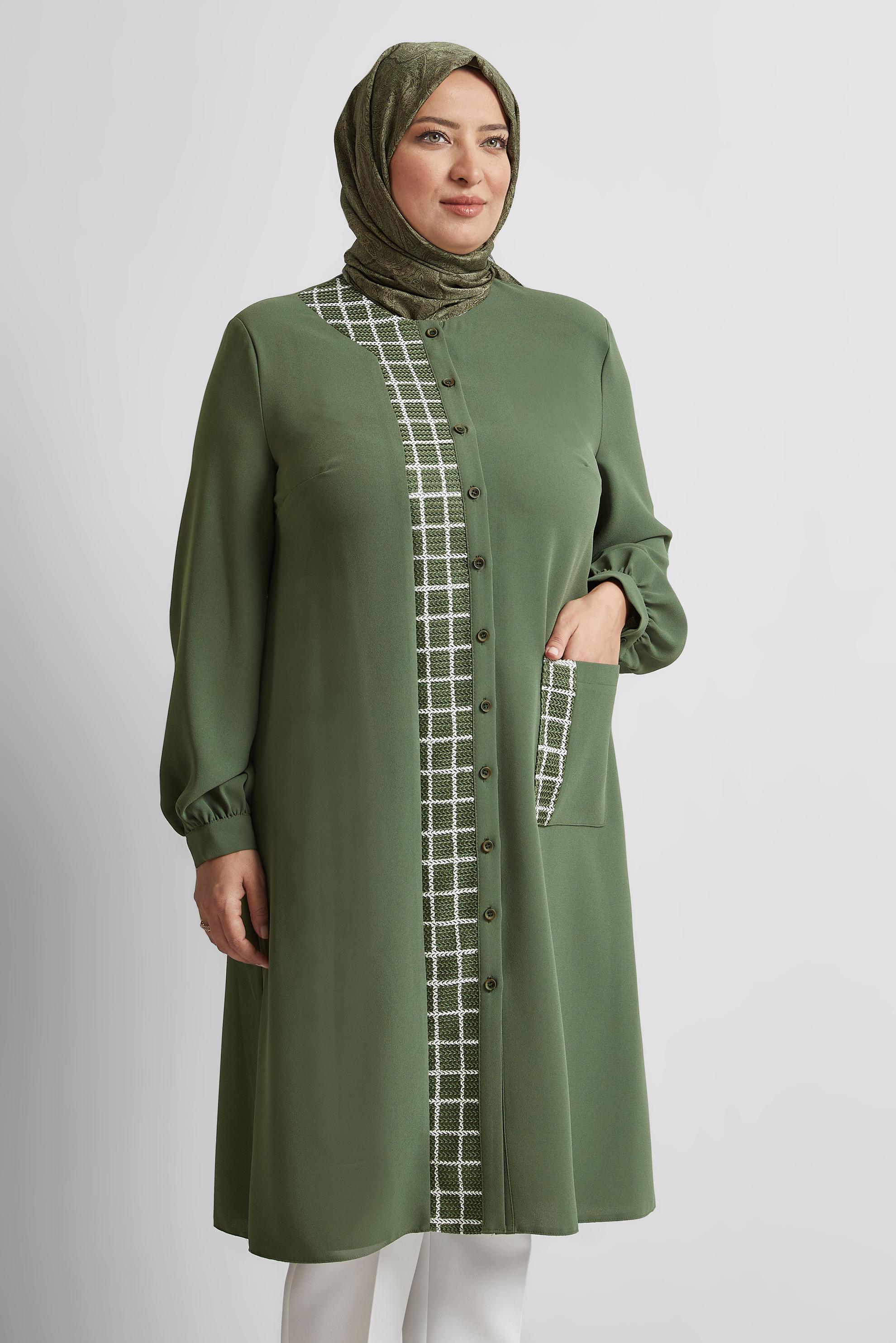 Tesettür giyim HAKİ KARE DESENLİ BÜYÜK BEDEN TUNİK 20744