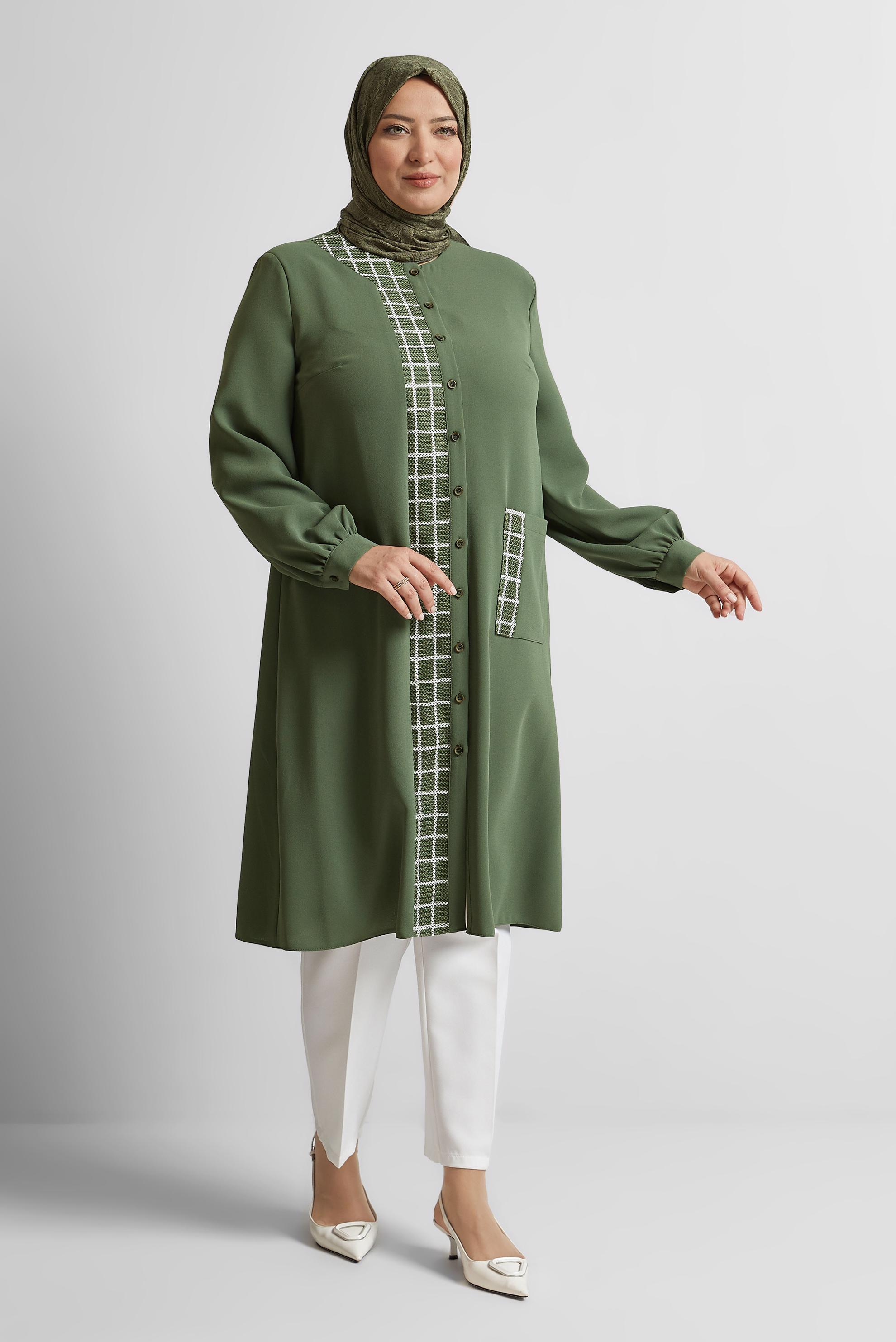 Tesettür giyim HAKİ KARE DESENLİ BÜYÜK BEDEN TUNİK 20744