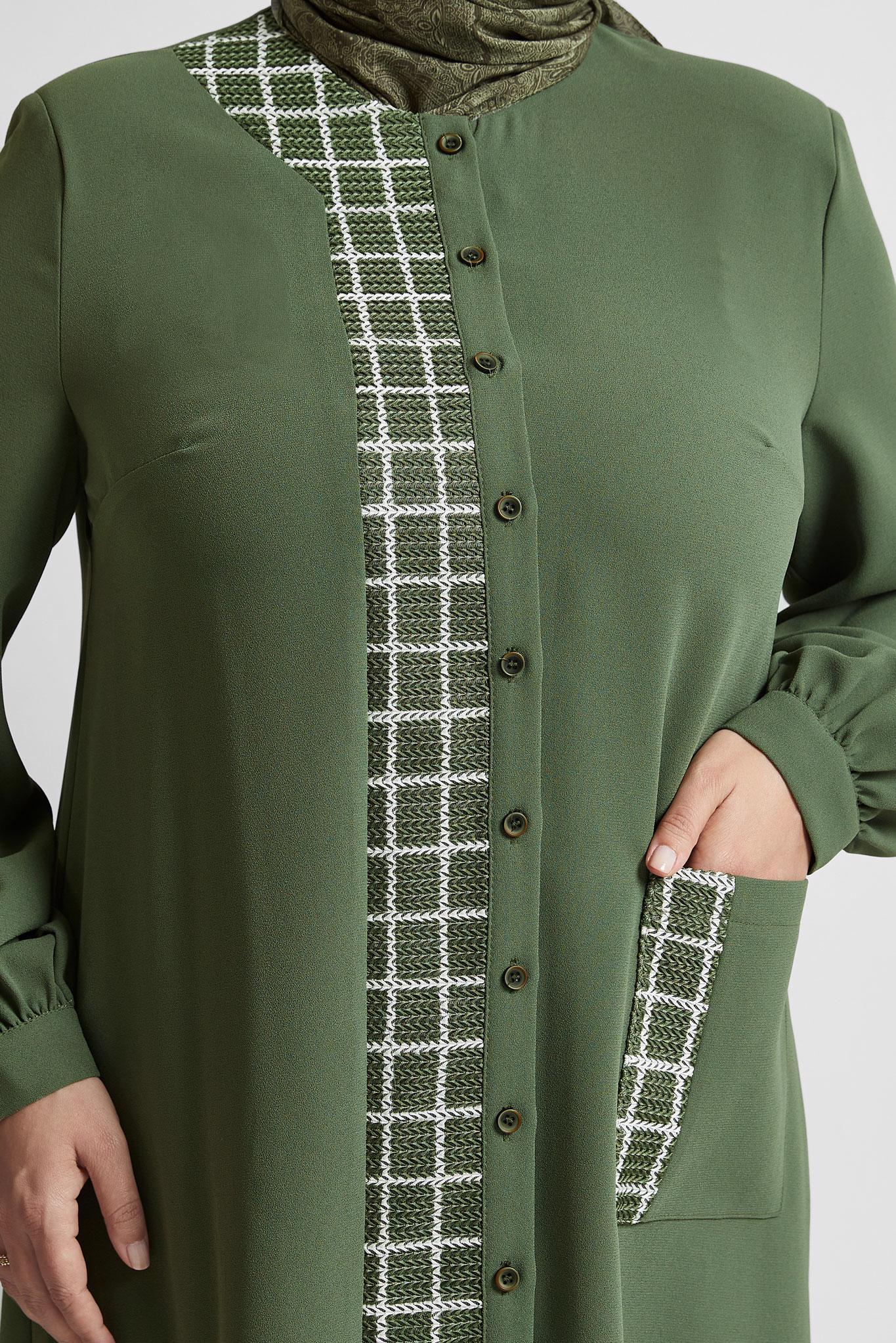 Tesettür giyim HAKİ KARE DESENLİ BÜYÜK BEDEN TUNİK 20744