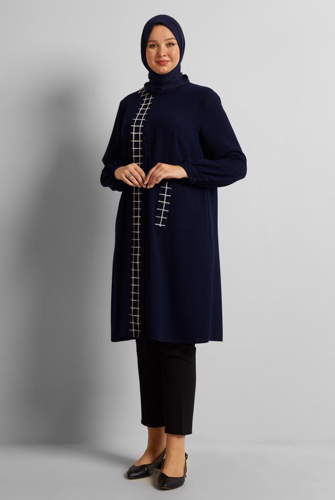Vêtements hijab BLEU MARINE TUNIQUE À CARREAUX 20744 - ALVİNA