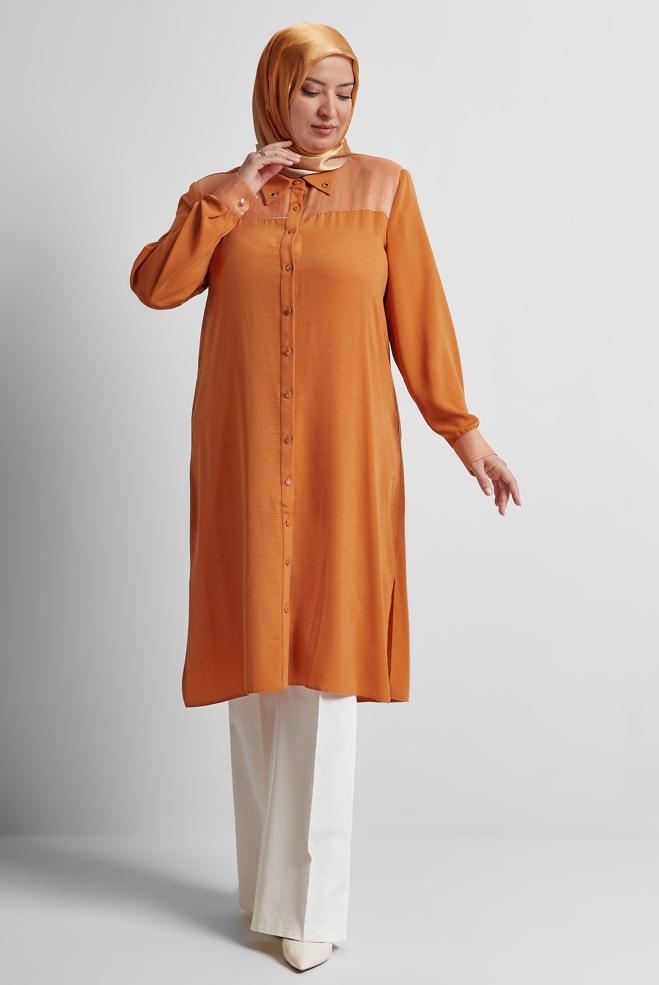 Vêtements hijab ORANGE TUNIQUE TEXTURÉE EN LIN 20745 - ALVİNA