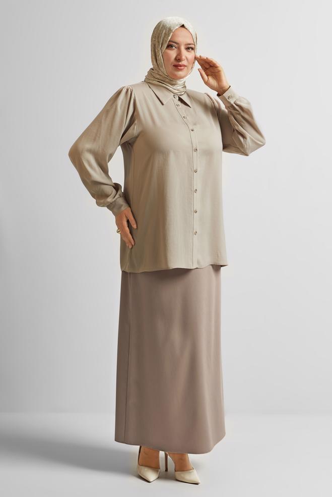 Vêtements hijab SABLE TUNIQUE À COL CHEMISE 20750 - ALVİNA