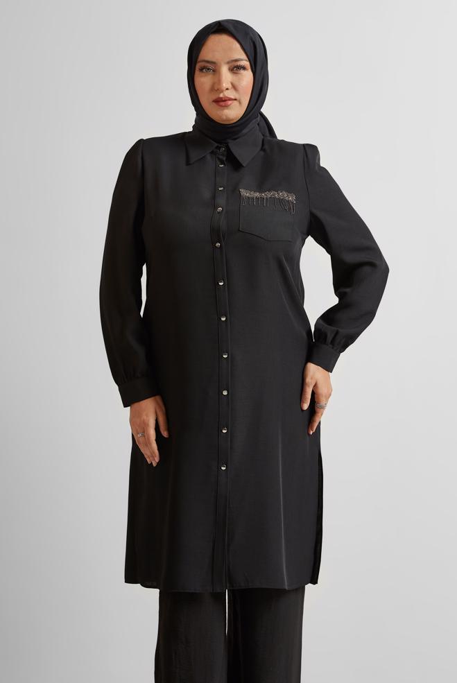 Vêtements hijab NOIR TUNIQUE À COL CHEMISE 20751 - ALVİNA