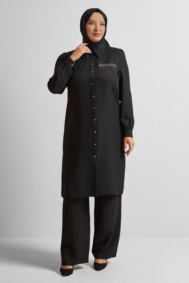 Vêtements hijab NOIR TUNIQUE À COL CHEMISE 20751 - ALVİNA