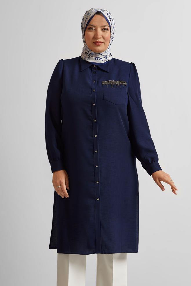 Vêtements hijab BLEU MARINE TUNIQUE À COL CHEMISE 20751 - ALVİNA
